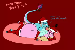 Size: 1280x853 | Tagged: questionable, artist:pilot129, derpibooru import, princess ember, anthro, dragon, plantigrade anthro, ass, barefoot, bedroom eyes, big breasts, blushing, breast rest, breasts, busty princess ember, butt, christmas, clothes, conjoined, cross-popping veins, digital art, dragoness, duo, feet, female, hat, holiday, horn, image, jpeg, large butt, legend of spyro, lizard breasts, looking at each other, lying down, mistletoe, new year, open mouth, santa hat, socks, stockings, tail, text, thigh highs, thighs, thunder thighs, unamused, wide hips
