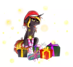 Size: 1103x1024 | Tagged: safe, artist:yuris, derpibooru import, oc, oc:java, unofficial characters only, pony, unicorn, chest fluff, christmas, clothes, hat, holiday, image, png, present, santa hat, simple background, socks, solo, striped socks, white background