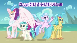 Size: 1280x719 | Tagged: safe, artist:andoanimalia, derpibooru import, princess skystar, queen novo, silverstream, terramar, classical hippogriff, hippogriff, my little pony: the movie, aunt and nephew, aunt and niece, beach, brother and sister, cousin, cousins, crown, female, happy, hippogriffia, image, jewelry, lidded eyes, looking at you, male, mother, mother and child, mother and daughter, nephew, niece, png, quartet, regalia, show accurate, siblings, smiling, smiling at you, wall of text in the description