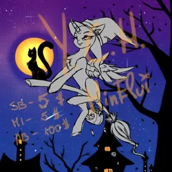 Size: 3000x3000 | Tagged: safe, artist:minelvi, derpibooru import, oc, unofficial characters only, alicorn, cat, pony, alicorn oc, broom, commission, flying, flying broomstick, full moon, hat, horn, image, moon, night, outdoors, png, pumpkin bucket, solo, tree, wings, witch hat, your character here