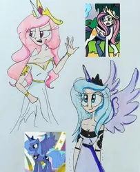 Size: 540x664 | Tagged: safe, artist:lunaart, derpibooru import, idw, screencap, princess celestia, princess luna, human, friendship is magic, breasts, cleavage, clothes, crown, cute, cutie mark on human, dress, horn, horned humanization, humanized, image, jewelry, jpeg, lunabetes, pink-mane celestia, regalia, scene interpretation, traditional art, winged humanization, wings, young celestia, young luna