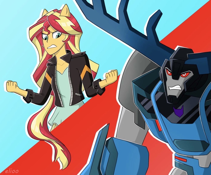 Size: 1393x1154 | Tagged: safe, artist:elioo, derpibooru import, sunset shimmer, equestria girls, crossover, decepticon, image, jpeg, ponied up, redraw, remake, thunderhoof, transformers, transformers robots in disguise (2015)