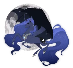 Size: 1600x1494 | Tagged: safe, artist:dementra369, derpibooru import, princess luna, alicorn, pony, curved horn, female, glowing hair, horn, hybrid wings, image, jewelry, moon, png, regalia, simple background, solo, transparent background, wings