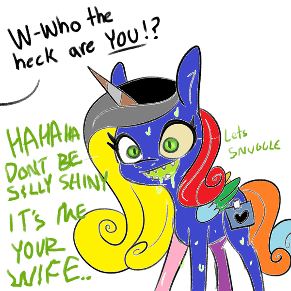Size: 1024x1024 | Tagged: safe, artist:tjpones, color edit, derpibooru import, edit, princess cadance, queen chrysalis, alicorn, changeling, pony, 1000 hours in ms paint, blatant lies, colored, dialogue, disguise, disguised changeling, donut steel, drool, fake cadance, fake cutie mark, female, high res, image, implied shining armor, monochrome, neo noir, offscreen character, paper-thin disguise, partial color, png, seems legit, sharp teeth, simple background, slit eyes, solo, teeth, white background