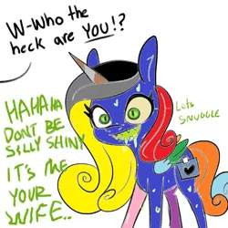 Size: 1024x1024 | Tagged: safe, artist:tjpones, color edit, derpibooru import, edit, princess cadance, queen chrysalis, alicorn, changeling, pony, 1000 hours in ms paint, blatant lies, colored, dialogue, disguise, disguised changeling, donut steel, drool, fake cadance, fake cutie mark, female, high res, image, implied shining armor, monochrome, neo noir, offscreen character, paper-thin disguise, partial color, png, seems legit, sharp teeth, simple background, slit eyes, solo, teeth, white background
