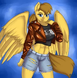 Size: 3316x3335 | Tagged: safe, artist:brushstroke, derpibooru import, oc, anthro, pegasus, abs, belly button, clothes, commission, ear fluff, female, image, jacket, looking at you, midriff, panties, pegasus oc, png, shirt, shorts, smiling, smiling at you, solo, thong, underwear, wings