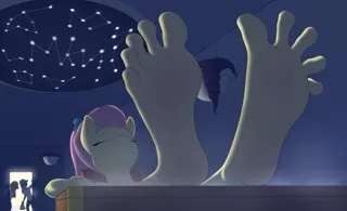 Size: 1775x1080 | Tagged: suggestive, artist:nudeknightart, derpibooru import, aloe, fluttershy, lotus blossom, anthro, pegasus, plantigrade anthro, barefoot, big feet, digital art, eyes closed, feet, female, fetish, foot fetish, hot tub, image, png, relaxing, soles, spa, steam, toes, wiggling toes