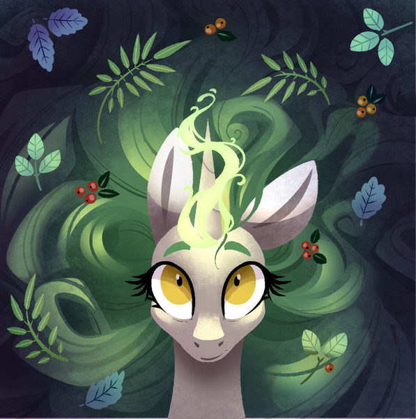 Size: 931x935 | Tagged: safe, artist:28gooddays, derpibooru import, oc, unofficial characters only, pony, unicorn, berries, bust, female, image, jpeg, leaves, magic, mare, portrait, solo