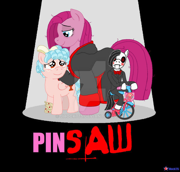 Size: 600x576 | Tagged: safe, artist:jhock775, derpibooru import, cozy glow, pinkie pie, bandage, blood, deviantart watermark, image, jigsaw, jpeg, obtrusive watermark, pinkamena diane pie, puppet, saw, tricycle, watermark