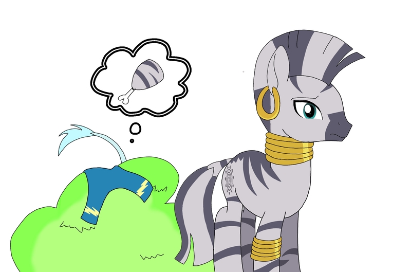 Size: 2176x1440 | Tagged: safe, artist:windy breeze, derpibooru import, zecora, oc, oc:windy breeze, big cat, lion, pegasus, pony, zebra, carnivore, clothes, food, food chain, image, implied pegasus, implied transformation, implied vore, jpeg, meat, predator, prey, simple background, uniform, white background, wonderbolts uniform, worried