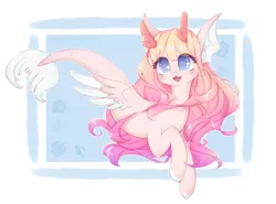 Size: 1424x1054 | Tagged: safe, artist:chimeeri, derpibooru import, oc, unofficial characters only, seapony (g4), starfish, blue background, blue eyes, blushing, eyelashes, female, fins, fish tail, flowing mane, flowing tail, image, long hair, open mouth, png, seashell, shell, simple background, smiling, solo, tail, white background, wings