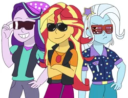 Size: 1132x869 | Tagged: safe, artist:robdog97, derpibooru import, starlight glimmer, sunset shimmer, trixie, equestria girls, group, image, magical trio, png, sunglasses