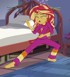 Size: 786x858 | Tagged: safe, derpibooru import, screencap, sunset shimmer, equestria girls, legend of everfree, barefoot, clothes, cropped, cutie mark, cutie mark on clothes, feet, image, kung fu shimmer, legend of everfeet, pajamas, png, sleepy, solo