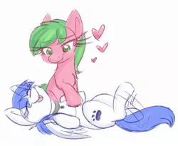 Size: 2200x1806 | Tagged: safe, artist:littleblackraencloud, derpibooru import, oc, oc:pine berry, oc:snow pup, earth pony, pegasus, pony, :p, behaving like a dog, bellyrubs, collar, eyes closed, female, heart, image, jpeg, leg kick, lying down, mare, pet tag, simple background, sketch, tongue out, white background, wings