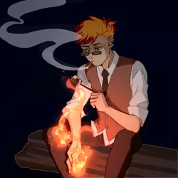 Size: 1536x1536 | Tagged: safe, artist:baru, derpibooru import, oc, oc:blaze fury, human, cigarette, dark background, ear piercing, fire, food, glasses, humanized, humanized oc, image, marshmallow, piercing, png, smoking, solo