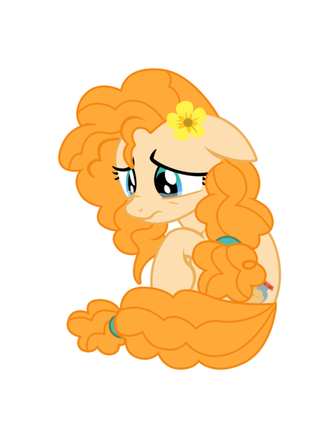 Size: 1530x1980 | Tagged: safe, artist:three uncle, derpibooru import, screencap, pear butter, earth pony, pony, the perfect pear, bed, cropped, crying, cute, daaaaaaaaaaaw, female, flower, flower in hair, image, looking down, mare, pearabetes, png, sad, sadorable, simple background, sitting, solo, transparent background