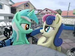 Size: 4608x3456 | Tagged: safe, artist:raphaeldavid, derpibooru import, bon bon, lyra heartstrings, sweetie drops, earth pony, pony, unicorn, eye contact, female, image, irl, lesbian, lidded eyes, looking at each other, lyrabon, photo, png, ponies in real life, shipping, smiling