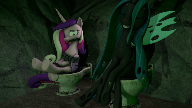 Size: 1280x720 | Tagged: suggestive, artist:unknownface24, derpibooru import, princess cadance, queen chrysalis, alicorn, changeling, pony, 3d, ballgag, bondage, bound and gagged, bound wings, but why, chains, female, females only, gag, image, implied farting, implied pooping, png, source filmmaker, story included, tied up, toilet, wings