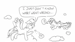 Size: 1440x804 | Tagged: safe, artist:jamestkelley, derpibooru import, derpy hooves, rainbow dash, pegasus, pony, black and white, cloud, digital art, dropping, flying, food, grayscale, i just don't know what went wrong, image, jpeg, monochrome, muffin, on a cloud, sad, speech bubble, standing on a cloud, surprised