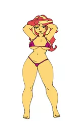 Size: 1632x2800 | Tagged: suggestive, artist:darkeros13, derpibooru import, sunset shimmer, equestria girls, arm behind head, belly button, big breasts, bikini, breasts, busty sunset shimmer, clothes, erect nipples, female, image, looking at you, micro bikini, nipple outline, panties, png, simple background, solo, swimsuit, thong, underwear, white background