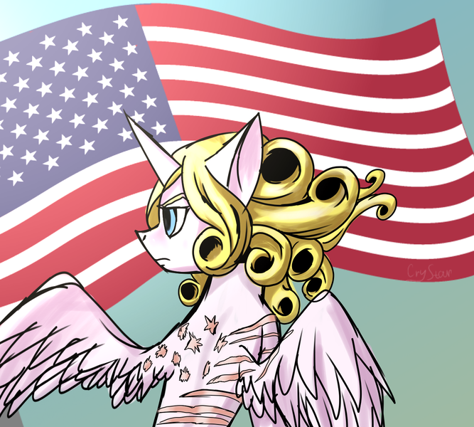 Size: 1300x1170 | Tagged: safe, artist:ktk's sky, derpibooru import, ponified, alicorn, pony, american, american flag, banner, crossover, curly hair, flag, funny valentine, image, jojo's bizarre adventure, male, murica, png, president, scar, solo, star spangled banner, united states, wings