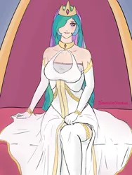 Size: 3000x4000 | Tagged: safe, artist:sonatalicious, derpibooru import, princess celestia, human, breasts, busty princess celestia, clothes, crown, dress, female, hair over one eye, high res, humanized, image, jewelry, png, queen celestia, regalia, solo, throne