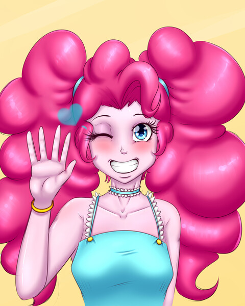 Size: 2000x2500 | Tagged: safe, artist:albertbm, derpibooru import, pinkie pie, equestria girls, alternate hairstyle, blushing, cute, diapinkes, grin, image, jewelry, jpeg, necklace, one eye closed, pigtails, smiling, solo