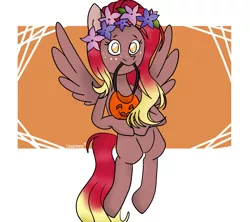 Size: 2254x2000 | Tagged: safe, artist:lowname, derpibooru import, oc, unofficial characters only, pegasus, pony, abstract background, floral head wreath, flower, flying, freckles, image, jpeg, mouth hold, pegasus oc, pumpkin bucket, solo, wings