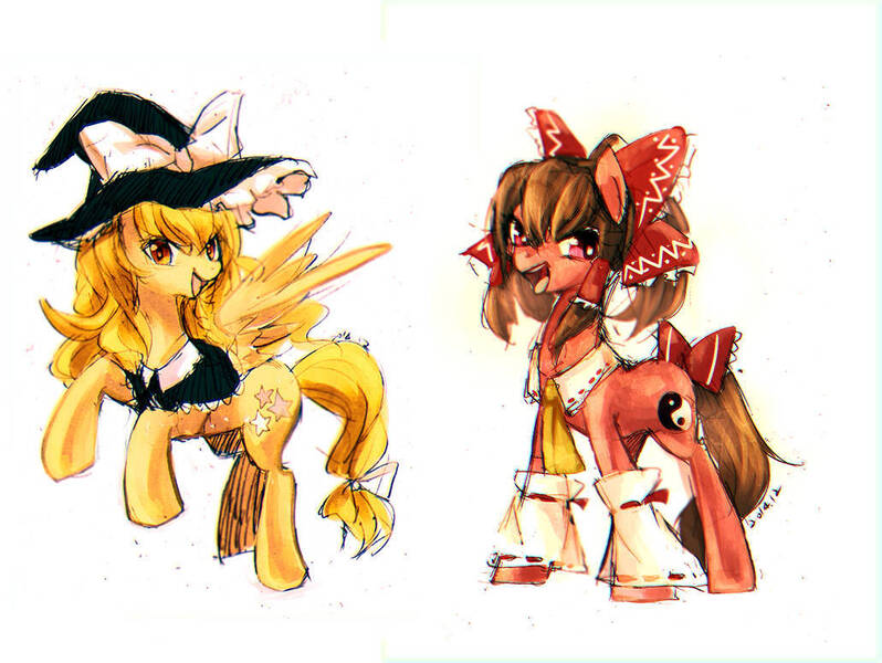 Size: 1031x775 | Tagged: safe, artist:meer712, derpibooru import, ponified, earth pony, pegasus, pony, bow, crossover, duo, duo female, female, hakurei reimu, image, jpeg, kirisame marisa, mare, miko, simple background, touhou, white background, witch