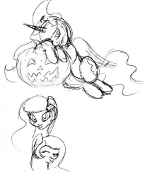 Size: 800x977 | Tagged: safe, artist:emilou1985, derpibooru import, princess celestia, princess luna, pony, halloween, holiday, image, jack-o-lantern, jpeg, missing horn, monochrome, pumpkin, sketch, traditional art