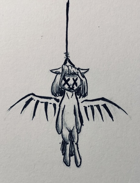 Size: 1921x2511 | Tagged: grimdark, artist:kopaleo, derpibooru import, oc, oc:cosmia nebula, pony, dead, hanging (by neck), image, jpeg, noose, solo, suicide, traditional art, x eyes