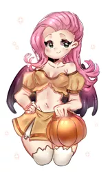 Size: 776x1214 | Tagged: safe, artist:kmprsyaa, derpibooru import, fluttershy, bat pony, human, adorasexy, bat ponified, belly button, breasts, cleavage, cute, flutterbat, hand on hip, humanized, image, midriff, png, pumpkin, race swap, sexy, simple background, smiling, solo, white background, winged humanization, wings