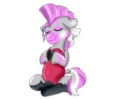 Size: 2500x2000 | Tagged: safe, artist:euspuche, derpibooru import, oc, oc:chifundo, unofficial characters only, zebra, fallout equestria, fallout equestria: dead tree, clothes, eyes closed, female, image, lotus position, mare, png, pose, simple background, smiling, solo, swimsuit, transparent background