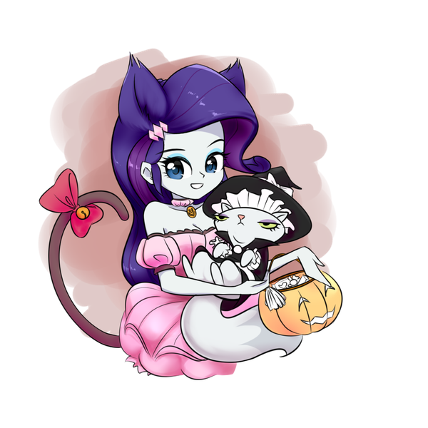 Size: 1000x1000 | Tagged: safe, artist:twilite-sparkleplz, derpibooru import, opalescence, rarity, cat, equestria girls, bare shoulders, catgirl, clothes, cosplay, costume, halloween, halloween costume, holiday, image, kirisame marisa, momomiya ichigo, png, pumpkin bucket, raricat, tokyo mew mew, touhou, witch costume