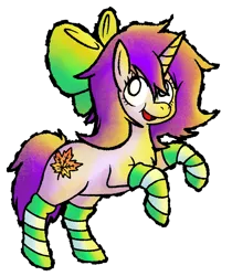 Size: 1955x2328 | Tagged: safe, artist:clarissa arts, derpibooru import, oc, oc:mable syrup, unofficial characters only, pony, unicorn, blind, bow, clothes, cutie mark, image, leaf, png, purple hair, simple background, socks, solo, striped socks, stylized, transparent background, yoshi's island