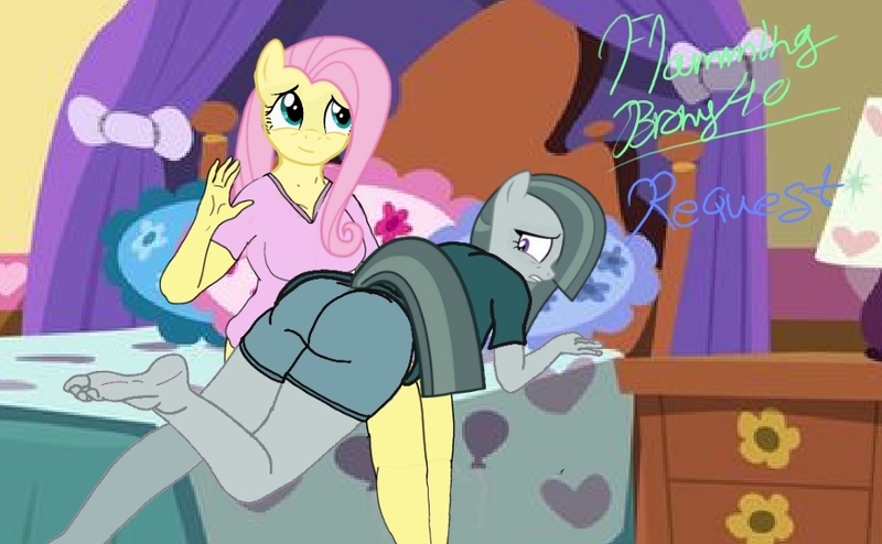 Size: 922x569 | Tagged: suggestive, artist:flammingbrony40, derpibooru import, fluttershy, marble pie, anthro, earth pony, human, pegasus, plantigrade anthro, 1000 hours in ms paint, breasts, briefs, butt, clothes, cute, feet in the air, hand, image, jpeg, looking back, marblebutt, over the knee, requests, sexy, spanking, underwear