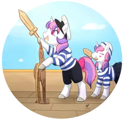 Size: 1024x996 | Tagged: safe, artist:foxhatart, derpibooru import, oc, oc:penelope, oc:peridrop, unofficial characters only, pony, unicorn, clothes, female, filly, image, mare, mouth hold, png, sailor uniform, sword, uniform, weapon, wooden sword