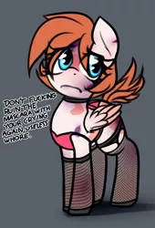 Size: 1280x1881 | Tagged: semi-grimdark, artist:jetwave, derpibooru import, oc, oc:chip breeze, unofficial characters only, pegasus, pony, abuse, beaten up, bra, bra on pony, bruised, choker, clothes, crop top bra, dialogue, female, fishnets, image, mare, off shoulder, panties, pegasus oc, png, sad, simple background, socks, solo, standing, stockings, thigh highs, underwear, vulgar, wings