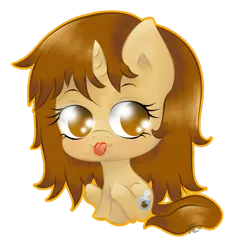 Size: 601x644 | Tagged: safe, artist:avelineh, derpibooru import, oc, oc:creamy coffee, unofficial characters only, pony, unicorn, chibi, female, image, png, simple background, sitting, solo, tongue out, transparent background