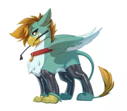Size: 2889x2535 | Tagged: suggestive, artist:vistamage, derpibooru import, oc, oc:goldie, gryphon, beak hold, chest fluff, clothes, collar, colored, griffon oc, image, latex, latex socks, leg warmers, looking at you, male, mouth hold, pet tag, png, riding crop, socks, solo, solo male