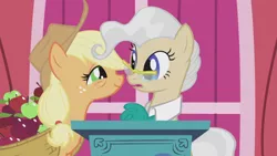 Size: 1920x1080 | Tagged: safe, derpibooru import, screencap, applejack, mayor mare, earth pony, pony, applebuck season, season 1, apple, applejack's hat, bags under eyes, basket, beauteous, cowboy hat, double, duo, duo female, female, food, glasses, hat, image, lidded eyes, mare, open mouth, out of context, png, podium