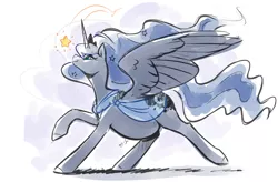 Size: 2188x1436 | Tagged: safe, artist:nsfwbonbon, derpibooru import, princess luna, alicorn, pony, belly, big belly, explicit source, female, image, mare, png, pregluna, pregnant, running, shawl, simple background, sketch, smiling, solo, stars, white background, wings