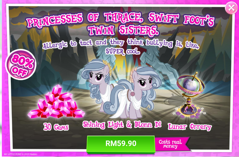 Size: 1047x690 | Tagged: safe, derpibooru import, idw, official, blonn di, shining light (character), earth pony, pony, advertisement, costs real money, crack is cheaper, female, gameloft, gem, idw showified, image, mare, png, siblings, sisters, thracian, twins