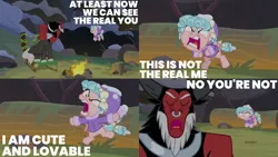 Size: 2000x1125 | Tagged: safe, derpibooru import, edit, edited screencap, editor:quoterific, screencap, cozy glow, lord tirek, centaur, pegasus, pony, frenemies (episode), angry, argument, blatant lies, clothes, coat, duo, eyes closed, female, filly, hat, hypocritical humor, image, male, open mouth, png, snow, winter outfit