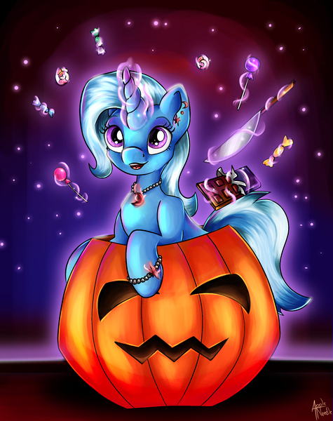 Size: 2143x2706 | Tagged: safe, artist:appleneedle, derpibooru import, trixie, pony, unicorn, bracelet, candy, chocolate, cute, diatrixes, ear piercing, earring, female, food, glowing horn, halloween, holiday, horn, image, jack-o-lantern, jewelry, jpeg, knife, levitation, lollipop, magic, mare, necklace, open mouth, piercing, pumpkin, pumpkin bucket, solo, telekinesis, trixie day