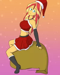 Size: 1280x1600 | Tagged: safe, artist:cadenreigns, derpibooru import, sunset shimmer, human, equestria girls, boots, christmas, clothes, costume, hat, holiday, image, midriff, png, santa costume, santa hat, santa sack, shoes, skirt