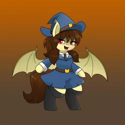 Size: 2048x2045 | Tagged: safe, artist:pencil bolt, derpibooru import, oc, oc:noctalia, unofficial characters only, bat pony, pony, bat pony oc, bat wings, clothes, costume, fangs, hat, image, jpeg, looking at you, nightmare night, nightmare night costume, simple background, socks, solo, wings, witch costume, witch hat