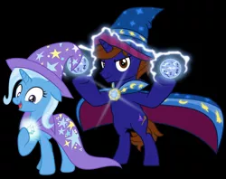 Size: 1280x1015 | Tagged: safe, artist:disneymarvel96, derpibooru import, trixie, oc, oc:xaldin wolfgang, pony, unicorn, bipedal, black background, cape, clothes, duo, female, hat, image, jpeg, male, mare, simple background, stallion, trixie's cape, trixie's hat