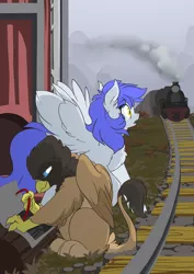 Size: 2480x3508 | Tagged: safe, artist:arctic-fox, derpibooru import, oc, oc:gabriel, unofficial characters only, gryphon, pegasus, pony, duo, griffon oc, image, jpeg, railroad, train