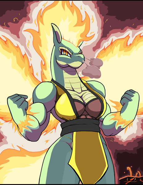 Size: 1928x2500 | Tagged: safe, alternate version, artist:droll3, derpibooru import, tianhuo, anthro, dragon, hybrid, longma, them's fightin' herds, bottomless, breasts, busty tianhuo, cleavage, clothes, community related, female, fire, high res, image, muscles, muscular female, partial nudity, png, solo